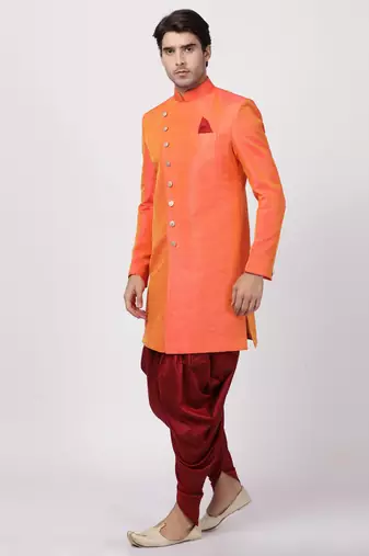 Orange Silk Blend Sherwani Set