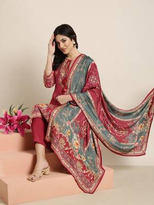 women's round neck floral pink straight kurta and trouser with dupatta 1