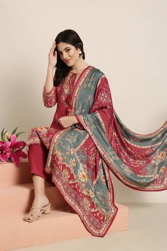 women's round neck floral pink straight kurta and trouser with dupatta