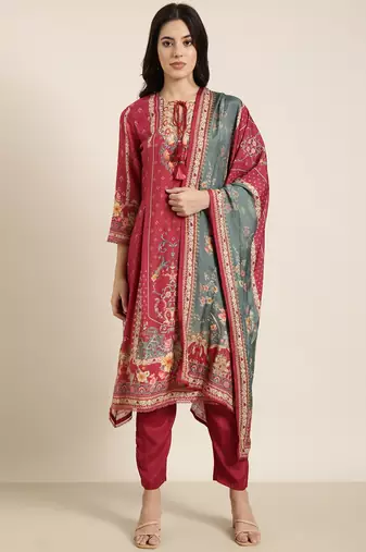 women's round neck floral pink straight kurta and trouser with dupatta
