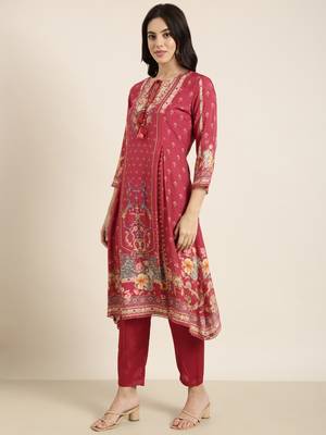 women's round neck floral pink straight kurta and trouser with dupatta 3