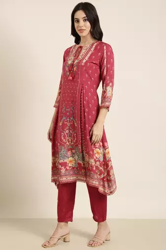 women's round neck floral pink straight kurta and trouser with dupatta