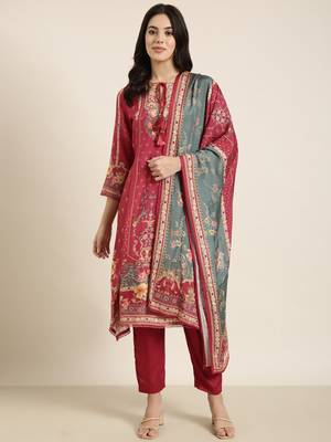 women's round neck floral pink straight kurta and trouser with dupatta 4