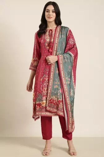women's round neck floral pink straight kurta and trouser with dupatta