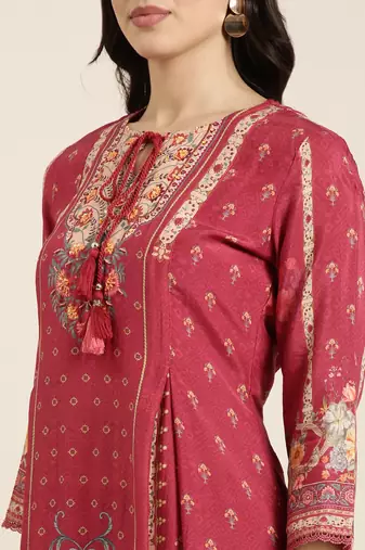 women's round neck floral pink straight kurta and trouser with dupatta