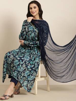 women's v-neck floral foil print blue straight kurta and trouser with dupatta 1