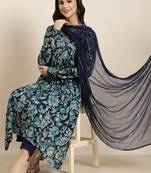 women's v-neck floral foil print blue straight kurta and trouser with dupatta