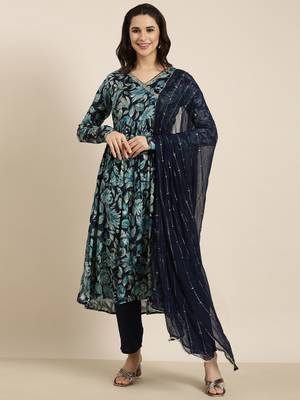 women's v-neck floral foil print blue straight kurta and trouser with dupatta 2