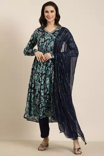 women's v-neck floral foil print blue straight kurta and trouser with dupatta