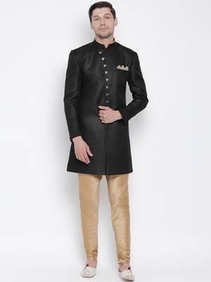 Black Polyester Lurex Blend Sherwani Set 1