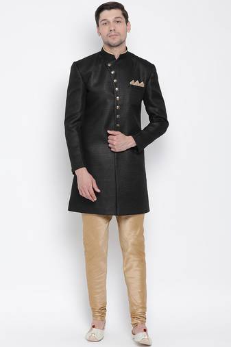 Men'S Black Polyester Lurex Blend Sherwani Set