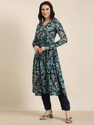 women's v-neck floral foil print blue straight kurta and trouser with dupatta 3