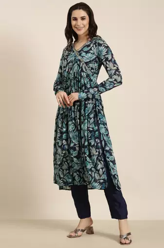 women's v-neck floral foil print blue straight kurta and trouser with dupatta