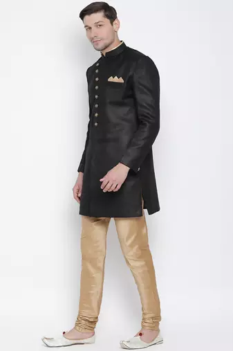 Black Polyester Lurex Blend Sherwani Set