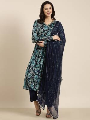 women's v-neck floral foil print blue straight kurta and trouser with dupatta 4