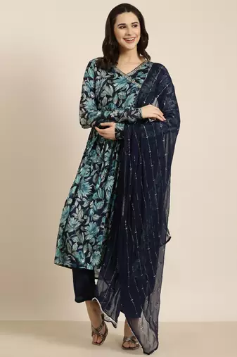 women's v-neck floral foil print blue straight kurta and trouser with dupatta