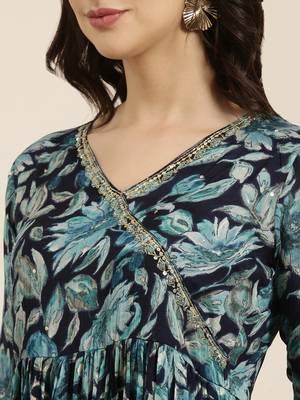 women's v-neck floral foil print blue straight kurta and trouser with dupatta 5