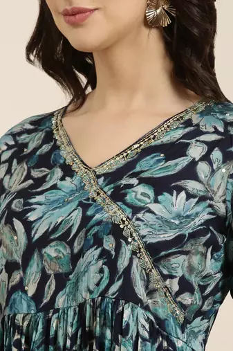 women's v-neck floral foil print blue straight kurta and trouser with dupatta