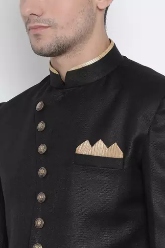 Black Polyester Lurex Blend Sherwani Set