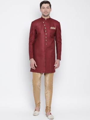 Maroon Polyester Lurex Blend Sherwani Set 1