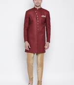 Maroon Polyester Lurex Blend Sherwani Set