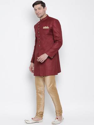 Maroon Polyester Lurex Blend Sherwani Set 2