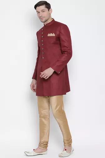 Maroon Polyester Lurex Blend Sherwani Set