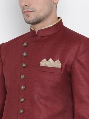 Maroon Polyester Lurex Blend Sherwani Set 3