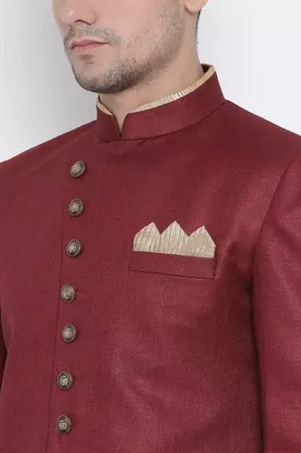 Maroon Polyester Lurex Blend Sherwani Set