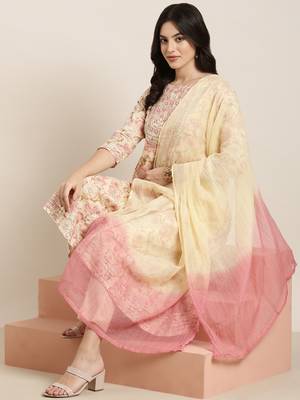 women's round neck floral foil print cream anarkali kurta and trouser with dupatta 1