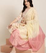 women's round neck floral foil print cream anarkali kurta and trouser with dupatta