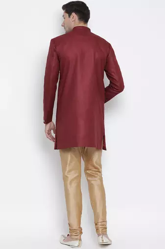 Maroon Polyester Lurex Blend Sherwani Set