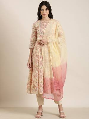 women's round neck floral foil print cream anarkali kurta and trouser with dupatta 2
