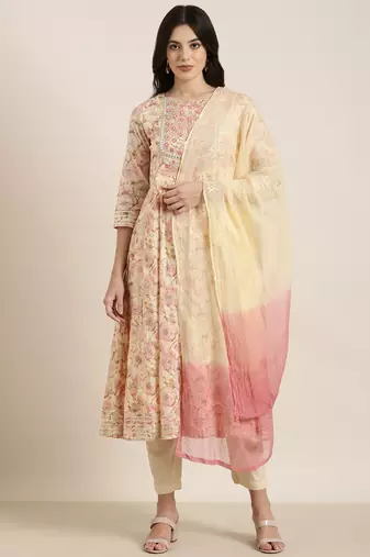 women's round neck floral foil print cream anarkali kurta and trouser with dupatta