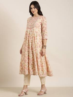 women's round neck floral foil print cream anarkali kurta and trouser with dupatta 3