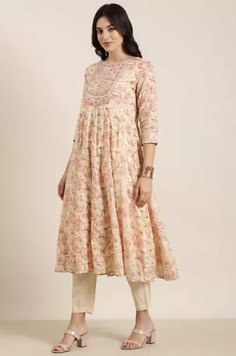 women's round neck floral foil print cream anarkali kurta and trouser with dupatta