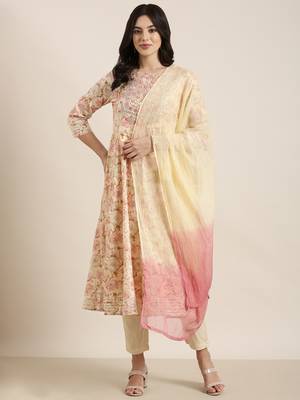 women's round neck floral foil print cream anarkali kurta and trouser with dupatta 4