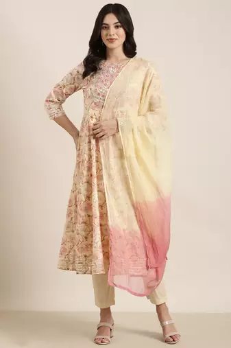 women's round neck floral foil print cream anarkali kurta and trouser with dupatta
