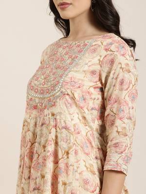 women's round neck floral foil print cream anarkali kurta and trouser with dupatta 5