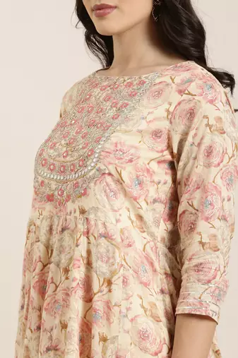 women's round neck floral foil print cream anarkali kurta and trouser with dupatta