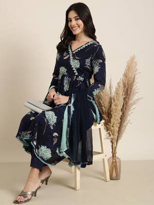 women's v-neck floral foil print navy blue anarkali kurta and trouser with dupatta 1