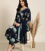 women's v-neck floral foil print navy blue anarkali kurta and trouser with dupatta