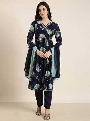 women's v-neck floral foil print navy blue anarkali kurta and trouser with dupatta 2