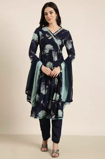 women's v-neck floral foil print navy blue anarkali kurta and trouser with dupatta