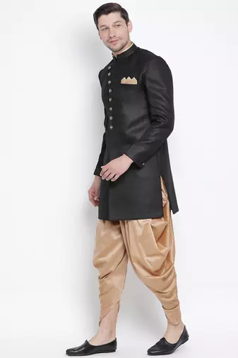 Black Polyester Lurex Blend Sherwani Set