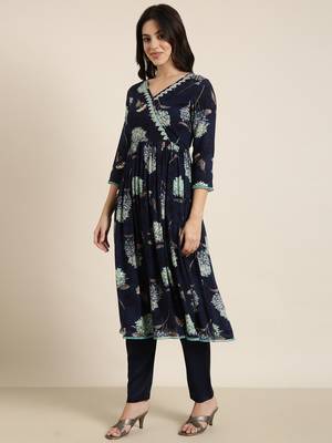 women's v-neck floral foil print navy blue anarkali kurta and trouser with dupatta 3
