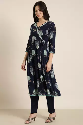 women's v-neck floral foil print navy blue anarkali kurta and trouser with dupatta