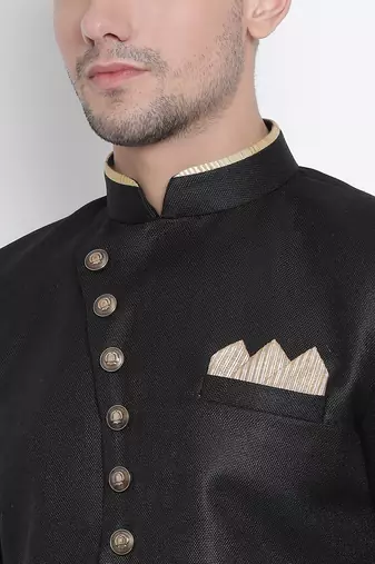 Black Polyester Lurex Blend Sherwani Set