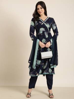 women's v-neck floral foil print navy blue anarkali kurta and trouser with dupatta 4