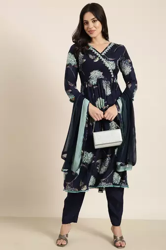 women's v-neck floral foil print navy blue anarkali kurta and trouser with dupatta